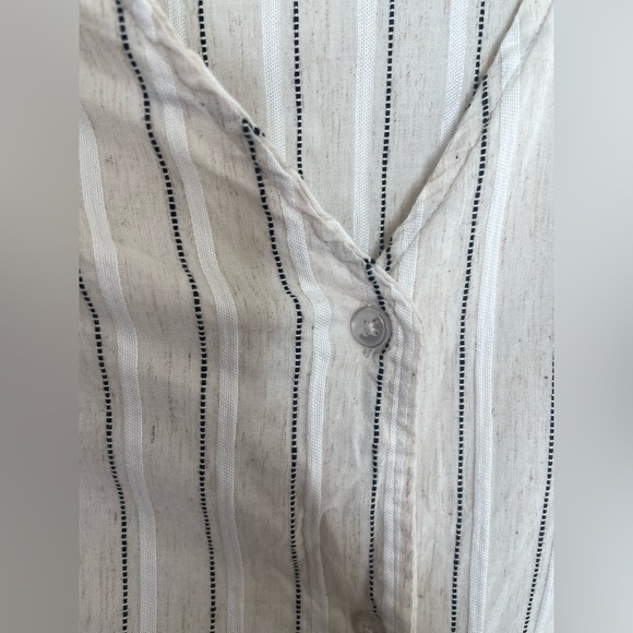 ICHI Striped Button Down Maxi Dress Linen Blend Look V-Neck Short Sleeve Neutral - Picture 7 of 15